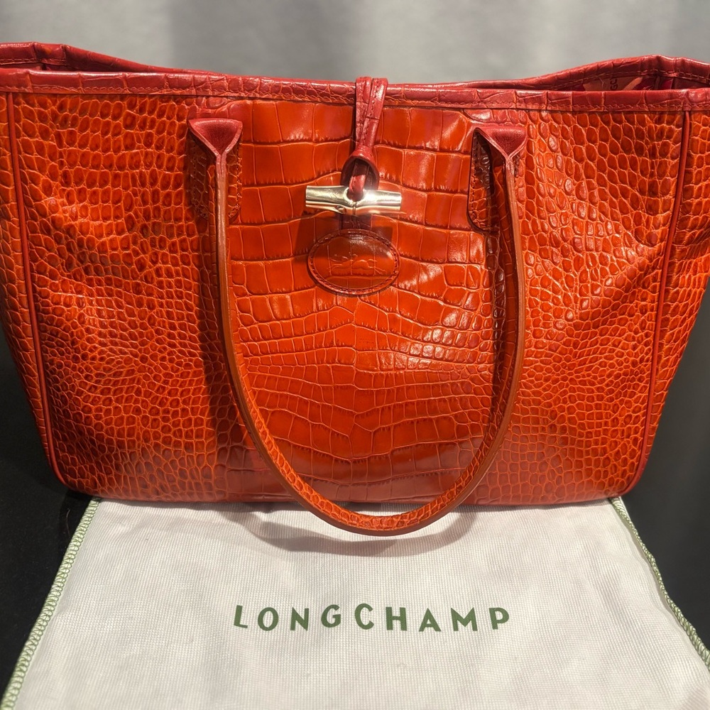 Authentic LONGCHAMP Roseau Red Croc-Embossed Long Handle Shoulder Tote bag